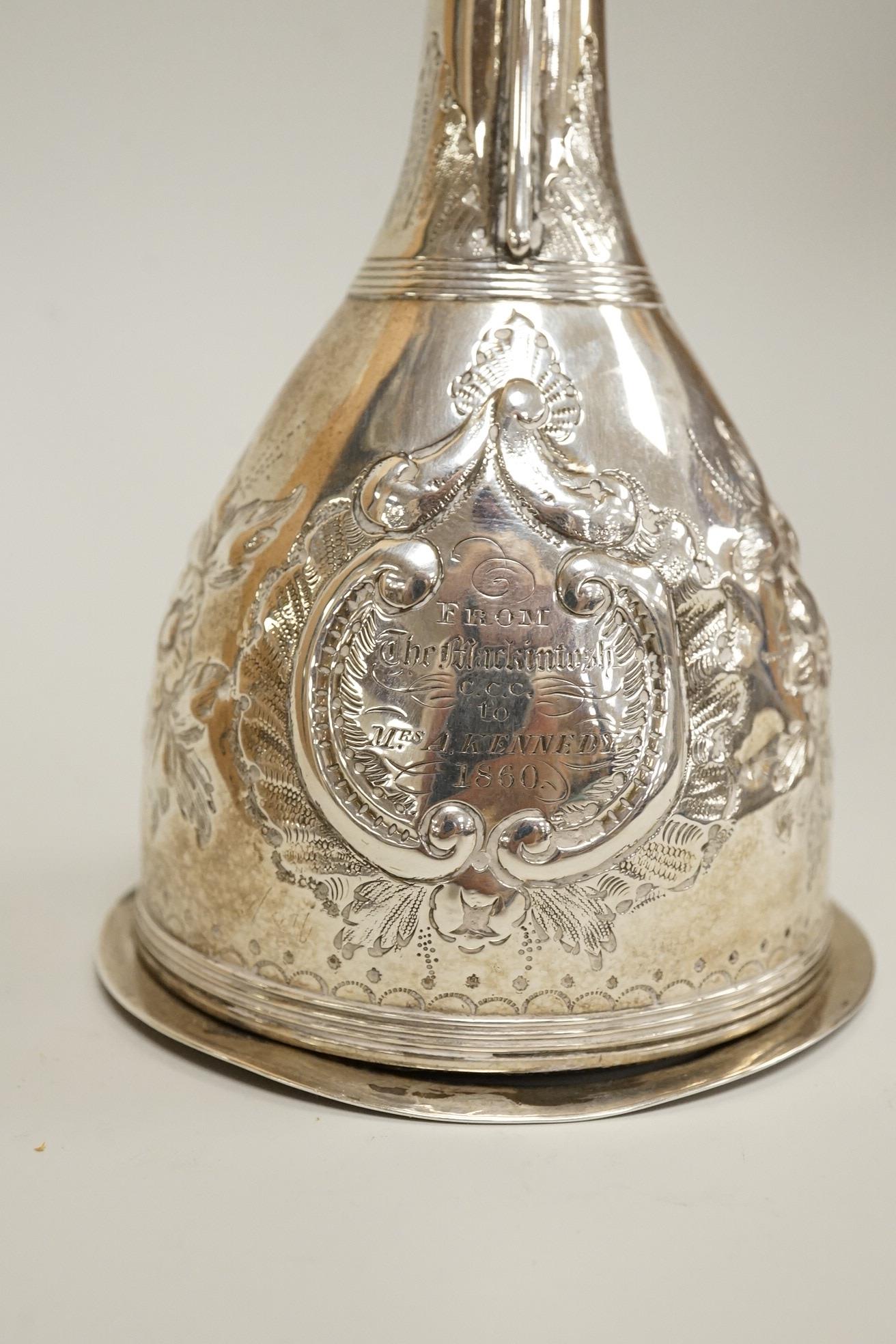 A George III silver wine funnel, with later embossed decoration and later engraved inscription, Crispin Fuller, London 1802, 13.4cm (a.f.).